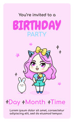 Happy birthday vertical invitation card with anime chibi girl.