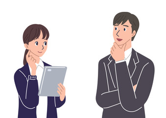 Fototapeta premium ICT教育 笑顔のスーツの男性と女性のイラスト 学校の先生 
