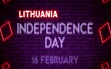 Happy Independence Day of Lithuania, 16 February. World National Days Neon Text Effect on bricks background