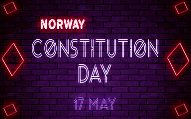 Happy Constitution Day of Norway, 17 May. World National Days Neon Text Effect on bricks background