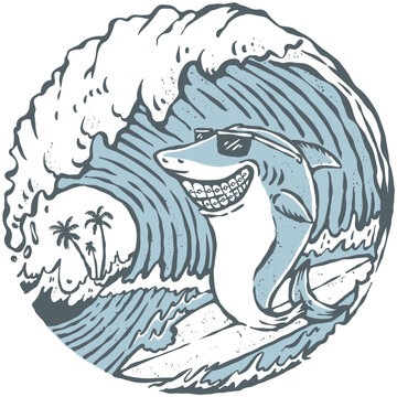a shark surfing in a big waves