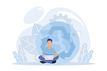 Circular economy illustration. Sustainable economic growth with renewable energy and natural resources. Green energy, sustainable industry and manufacturing concept. Flat vector modern illustration. 