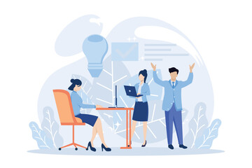 Business people illustration. Diverse characters and persons with disability working together at office. People talking with colleagues and planning financial strategy. Flat vector modern illustration