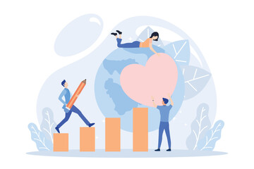 Sustainable lifestyle. People collecting plastic trash into recycling garbage bin, trying to save planet earth and following vegan diet. Flat vector modern illustration 