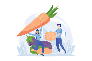 Sustainable lifestyle. People collecting plastic trash into recycling garbage bin, trying to save planet earth and following vegan diet. Flat vector modern illustration 