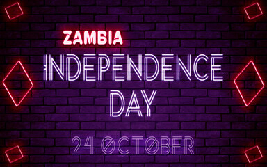 Happy Independence Day of Zambia, 24 October. World National Days Neon Text Effect on bricks background