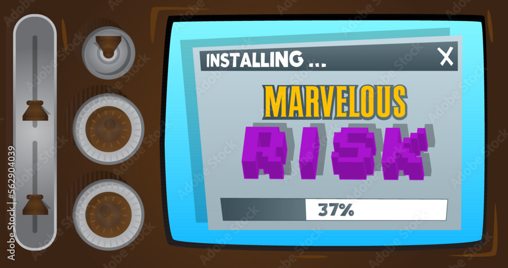 Poster cartoon computer with the word marvelous risk. message of a screen displaying an installation window