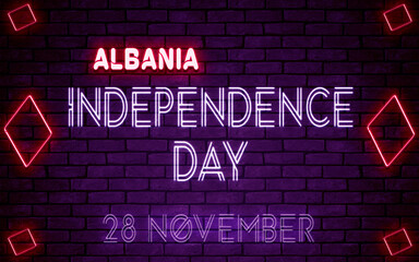 Happy Independence Day of Albania, 28 November. World National Days Neon Text Effect on bricks background