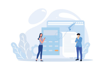 Financial management illustration. Characters paying credit, mortgage, taxes and household invoice bills. Personal finances, loans and debt concept. Flat vector illustration 