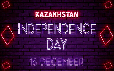 Obraz premium Happy Independence Day of Kazakhstan, 16 December. World National Days Neon Text Effect on bricks background