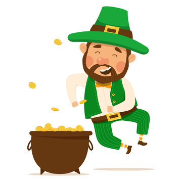 Funny and cute leprechaun with brown beard with a pot of gold. Vector illistration for St. Patrick's day. Happy man in a green suit and hat. Isolated on a white background.