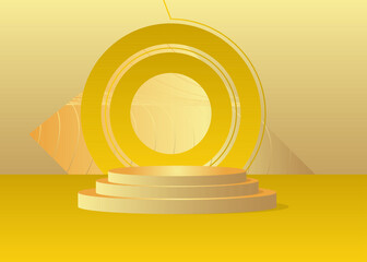 Obraz premium Gold and yellow product display. Vector 3D golden room, cylinder pedestal podium. Stage showcase for presentation. Futuristic Sci-fi minimal geometric forms, empty scene.