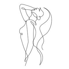 Trendy Line Art Woman Body. Minimalistic Black Lines Drawing. Female Figure Continuous One Line Abstract Drawing. Modern Scandinavian Design. Naked Body Art. Vector Illustration. 