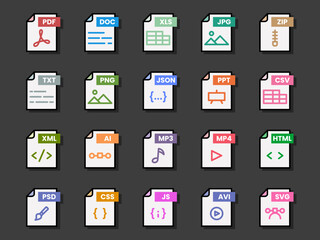 Document file format folder pdf doc xls jpg zip txt png json ppt csv xml ai mp3 mp4 html psd css js avi svg