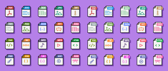 Document file format folder pdf doc xls jpg zip txt png json ppt csv xml ai mp3 mp4 html psd css js avi svg