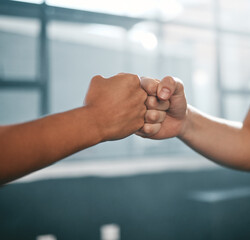 Hands, fist bump and team fitness motivation for collaboration success, greeting or team building in gym. Athlete hand, exercise partnership deal or support agreement for sports wellness lifestyle
