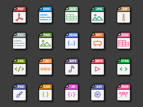 Document file format folder pdf doc xls jpg zip txt png json ppt csv xml ai mp3 mp4 html psd css js avi svg