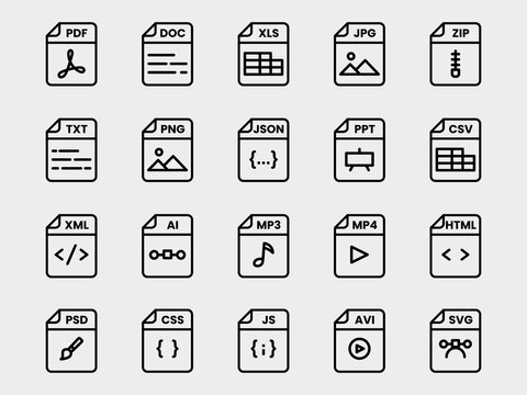 Document file format folder pdf doc xls jpg zip txt png json ppt csv xml ai mp3 mp4 html psd css js avi svg