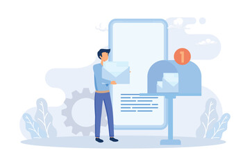 E-mail marketing and promotion illustration. Characters sending advertising mails and promotional offers with sales and discounts. E commerce business concept. Flat vector modern illustration 