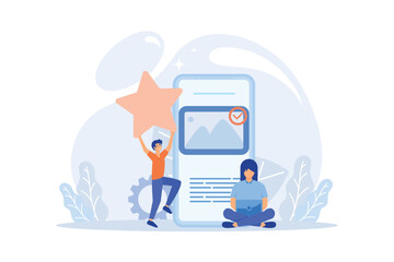 Mobile design and development illustration. Developers prototyping, programming user interface and testing mobile app. UI design and user experience concept. Flat vector illustration 