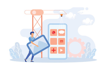 Mobile design and development illustration. Developers prototyping, programming user interface and testing mobile app. UI design and user experience concept. Flat vector illustration 