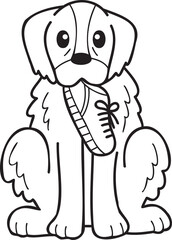 Hand Drawn Golden retriever Dog holding shoes illustration in doodle style