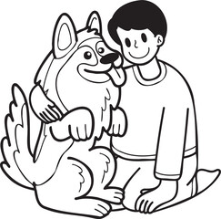 Hand Drawn owner hugs German Shepherd Dog illustration in doodle style