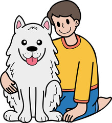 Hand Drawn owner hugs Samoyed Dog illustration in doodle style