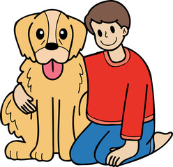 Hand Drawn owner hugs Golden retriever Dog illustration in doodle style