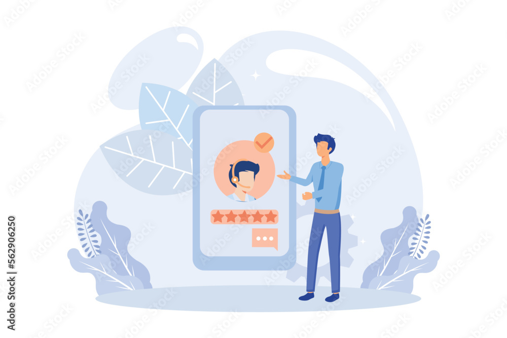 Poster customer feedback and user experience illustration. characters giving review to customer service ope