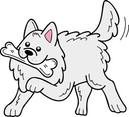 Hand Drawn Samoyed Dog holding the bone illustration in doodle style