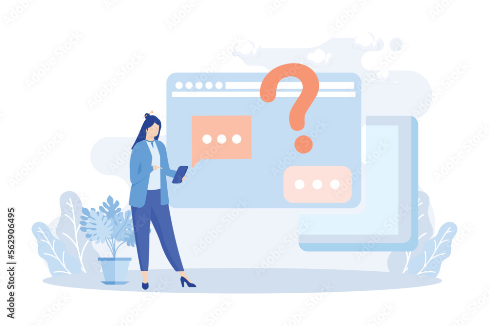 Poster customer support illustration. characters using online helpdesk platform. people asking a questions 