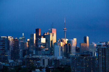 28,05,2022 Toronto, Canada.  View of modern buildings at sunset in downtown Toronto, Ontario. Evening in Toronto, beautiful shot. 