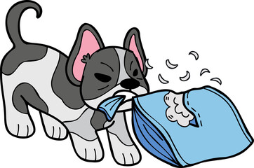 Hand Drawn French bulldog biting pillow illustration in doodle style