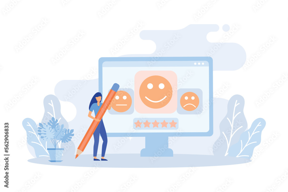 Poster customer feedback and user experience illustration. characters giving review to customer service ope