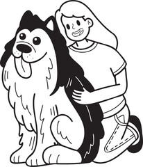Hand Drawn husky Dog hugged by owner illustration in doodle style