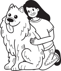 Hand Drawn Samoyed Dog hugged by owner illustration in doodle style
