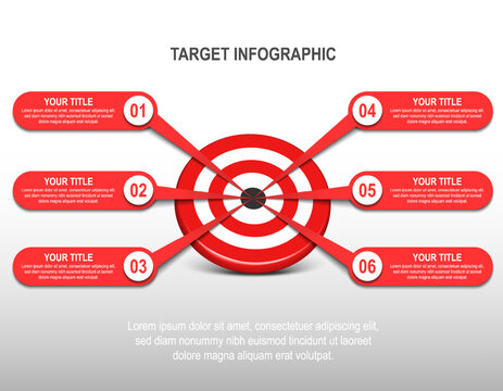 3d red target dartboard with label infographic. target step number. Business data chart, investment goal, marketing challenge, strategy presentation, achievement diagram. information vector template.