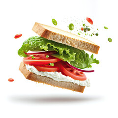 Flying vege sandwich with lettuce and tomatos isolated on white - obrazy, fototapety, plakaty