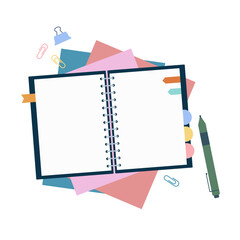 Flat design of blank notebook with color sheets, pen and paper clip on white background