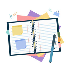 Flat design of notebook with sticky note, color sheets, pen and paper clip on white background