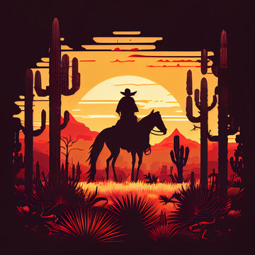 Silhouette of a cowboy and a horse at sunset