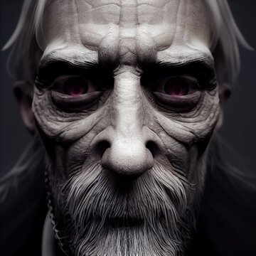 Portrait of an old vampire, with red eyes, a silver beard and an old skin, scary wrinkled face. Generative AI Art.