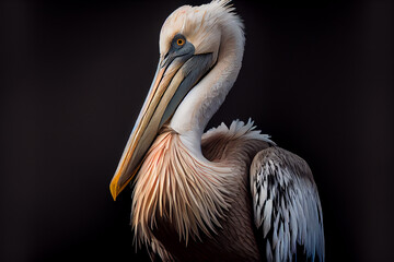 Portrait of a pelican on a black background. generative ai