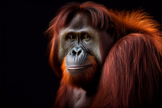 Portrait of a orang utan on a black background. generative ai