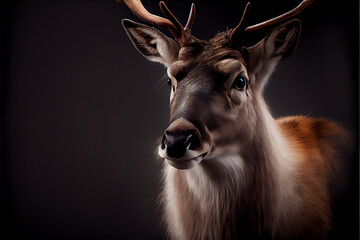 Portrait of a reindeer on a black background. generative ai