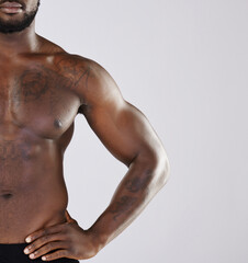 Closeup, black man and fitness for with health, muscular or wellness with guy on grey studio...