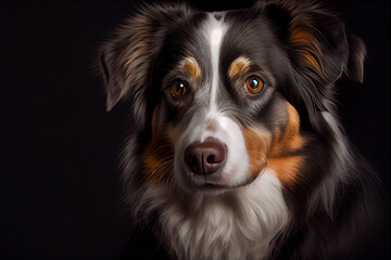 Fototapeta premium Portrait of a australian sheperd dog on a black background. generative ai