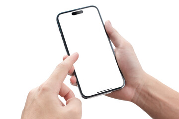 Hand using smartphone with blank screen isolated on white background.