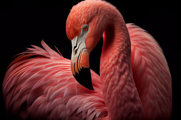 Portrait of a flamingo on a black background. generative ai